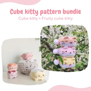May include: A bundle of crochet patterns for making cube-shaped kitty plushies. The patterns include a basic cube kitty and a fruity cube kitty. The image shows several finished plushies in different colors.