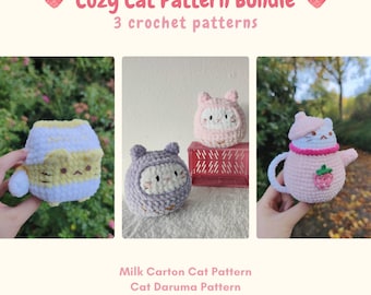 Cozy Cat Amigurumi Pattern Bundle, Milk Carton Cat plushie, Cat Daruma, Fruity tea cat,  3 cat crochet patterns
