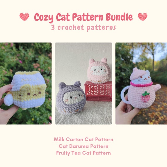 Cozy Cat Crochet Pattern Bundle | Milk Carton, Daruma & Fruity Tea Cat | 3 PDF Patterns