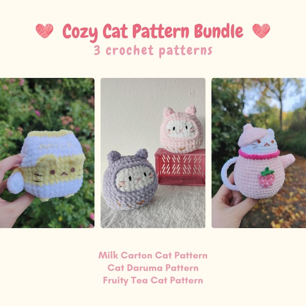 Cozy Cat Amigurumi Pattern Bundle, Milk Carton Cat plushie, Cat Daruma, Fruity tea cat,  3 cat crochet patterns