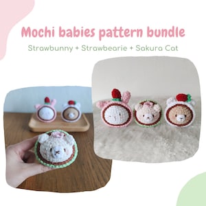 Mochi Animals amigurumi pattern bundle, strawbunny, strawbearie, sakura cat plushie, 3 crochet patterns
