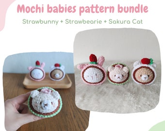 Mochi Animals amigurumi pattern bundle, strawbunny, strawbearie, sakura cat plushie, 3 crochet patterns