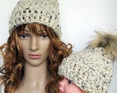 Mom and Me Hats with pom pom, Crochet Textured Hats, Chunky Beanies with faux fur pompoms, Mother and daughter hats, Matching winter hats