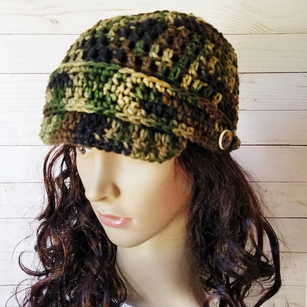 Crochet Hat Pattern Easy, The Huntress Crochet Pattern Camo Hat, Camo Beanie, Newsboy Cap, Crochet Camo Hats, Brimmed Beanie