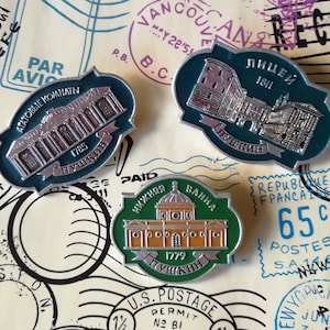 Imperial Tsarskoye Selo Lyceum, Pushkin, Vintage Pin Badges, Set of 3 Colorful Badges, Collectible Pins, Architecture, made in USSR.