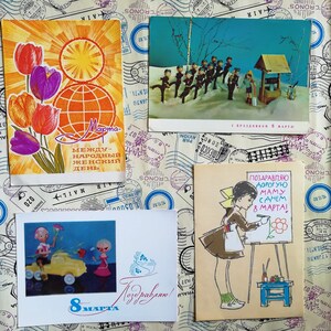Internationaler Frauentag, 8. März, Set #1 von 4 sowjetischen Postkarten, UdSSR Kunst, Vintage Postkarte, Geschrieben auf Postkarte, Vintage Muttertag, 60-70er Jahre.
