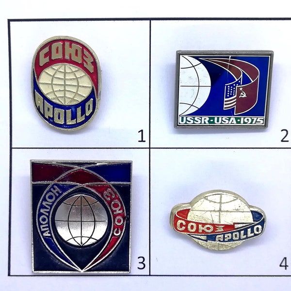 Soyuz-Apollo, Joint Space Flight, USA-USSR, Space badges, Vintage pins, Kosmos, NASA, Soviet Space Programm, 1975