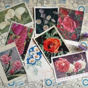 Fleurs sur cartes postales, Félicitations! Belles cartes postales de vœux, Set # 12 de 8 cartes postales soviétiques vintage, écrites, fabriquées en URSS, années 60.