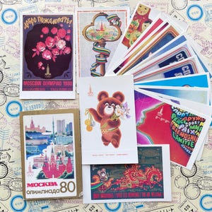 Postales de los Juegos Olímpicos de Moscú de 1980: juego de 15 tarjetas coloridas con imágenes de deportes, paz, amistad y el oso olímpico Misha