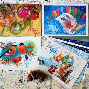 Frohes neues Jahr, Weihnachtsbaum, Schneeflocken, Weihnachtsspielzeug- Set #28 von 8 Vintage Sowjetische Postkarten, beschriftet, gebraucht, Sammler Geschenk, 1980er Jahre