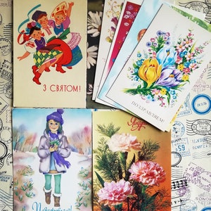 Félicitations, je vous souhaite du bonheur, Joyeuses fêtes, Set #3 de 8 cartes postales soviétiques vintage, Écrit sur, Fabriqué en URSS, années 70-90.