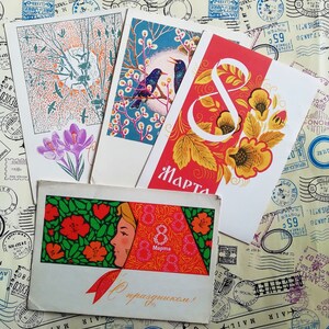 Internationaler Frauentag, 8. März, Set #6 von 4 sowjetischen Postkarten, UdSSR Kunst, Vintage Postkarte, Geschrieben auf Postkarte, Vintage Muttertag, 60er Jahre.