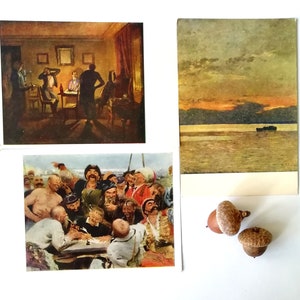 Russische Malerei, berühmte russische Künstler, 3er Set Vintage Drucke, Postkarten - 50-60er Jahre, Repin, Levitan, Fedotov, Sammlerstücke, selten.