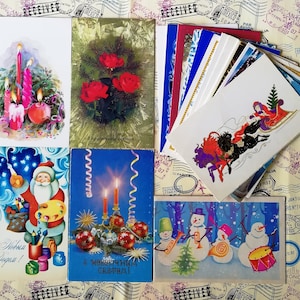 Happy New Year, Weihnachtsbaum, Schneeflocken - Set #20 von 17 Vintage Doppel-Sowjetische Postkarten, geschrieben auf, gebraucht, Sammler Geschenk, 70-80er Jahre.