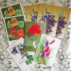 Cartões postais com flores, parabéns! Lindos cartões postais de saudação, conjunto nº 6 de 8 cartões postais soviéticos vintage, em branco, feitos na URSS, anos 80-90.