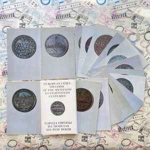 Città europee sulle monete del XVI-XVII secolo – Set completo di 15 cartoline d'epoca con descrizione – Rara edizione del 1973 – Leningrad publishers