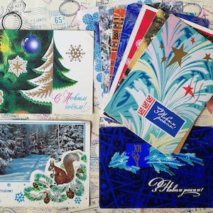 Frohes neues Jahr, Weihnachtsbaum, Schneeflocken, Weihnachtsspielzeug- Set #25 von 10 Vintage Sowjetische Postkarten, beschriftet, gebraucht, Sammler Geschenk, 1970er Jahre