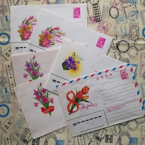 Internationaler Frauentag, 8. März, Set von 6 Vintage Briefumschlägen, unsignierte, sowjetische Briefumschläge, unbenäht selten, Made in UdSSR, 1980er Jahre.