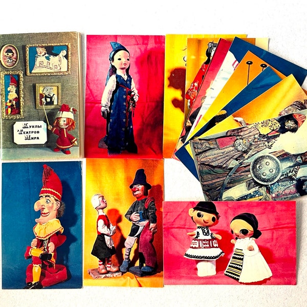 World Theater Puppets - Histoire des marionnettes - Ensemble de 12 cartes postales soviétiques colorées vintage - Description en russe - Cartes postales avec poupées 1968