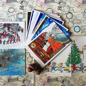 Happy New Year, Weihnachtsbaum, Schneeflocken - Set #19 von 12 Vintage Doppel-Postkarten, geschrieben auf, gebraucht, Sammler Geschenk, 70-80er Jahre.