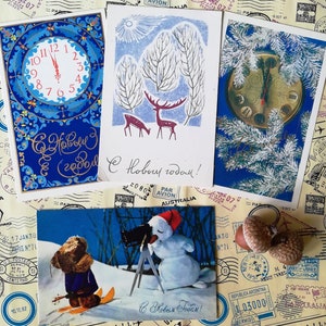 Happy New Year, Weihnachtsbaum, Schneemann, Schneeflocken - Set #24 von 4 Vintage Sowjetischen Postkarten, Blankokarte, Sammler geschenk, 60-70er Jahre.