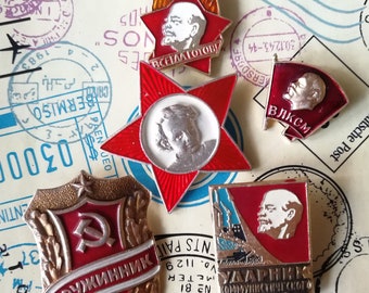 Communism Pins, Set of 5 Soviet badges, Soviet propaganda, Vintage Badges, Youth Communist Union, Lenin, Red Star, Made in USSR, 70s.