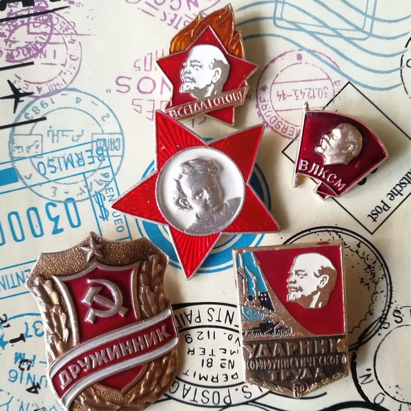 Communism Pins, Set of 5 Soviet badges, Soviet propaganda, Vintage Badges, Youth Communist Union, Lenin, Red Star, Made in USSR, 70s.