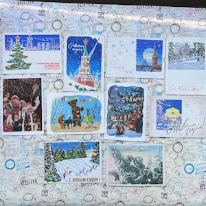 Cartoline sovietiche firmate - Felice Anno Nuovo - Set di 10 cartoline vintage dell'URSS - Anni '50-'60 - Raro oggetto da collezione - Carta effimera retrò usata