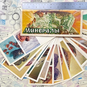 Conjunto de postales de minerales: 24 tarjetas soviéticas antiguas, serie "Excursión a la naturaleza", postales a color de la década de 1980 con descripciones en ruso, raras.