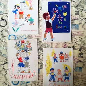 Internationaler Frauentag, 8. März, Set #10 von 4 sowjetischen Postkarten, UdSSR Kunst, Vintage Postkarte, Geschrieben auf Postkarte, Vintage Muttertag, 60er Jahre.