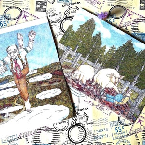 Ange Hedenberg, artista sueca, pinturas engraçadas, conjunto de 2 cartões vintage, cartões postais colecionáveis, edição limitada, carros postais suecos, raridade.