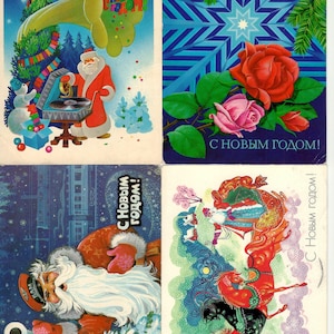 Frohes neues Jahr, Weihnachtsmann Weihnachtsbaum, Feentiere, Weihnachtsgeschenk-Set #9 von 4 Vintage Sowjetische Postkarten,Gebraucht,Sammler Geschenk,80er Jahre.