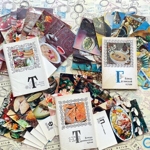 Küchenrezepte - 3 komplette Postkarten-Sets mit 15 georgischen, turkmenischen und tadschikischen Küchenkarten, 70-er Jahre, Rezepte und Fotos aus Kochbüchern
