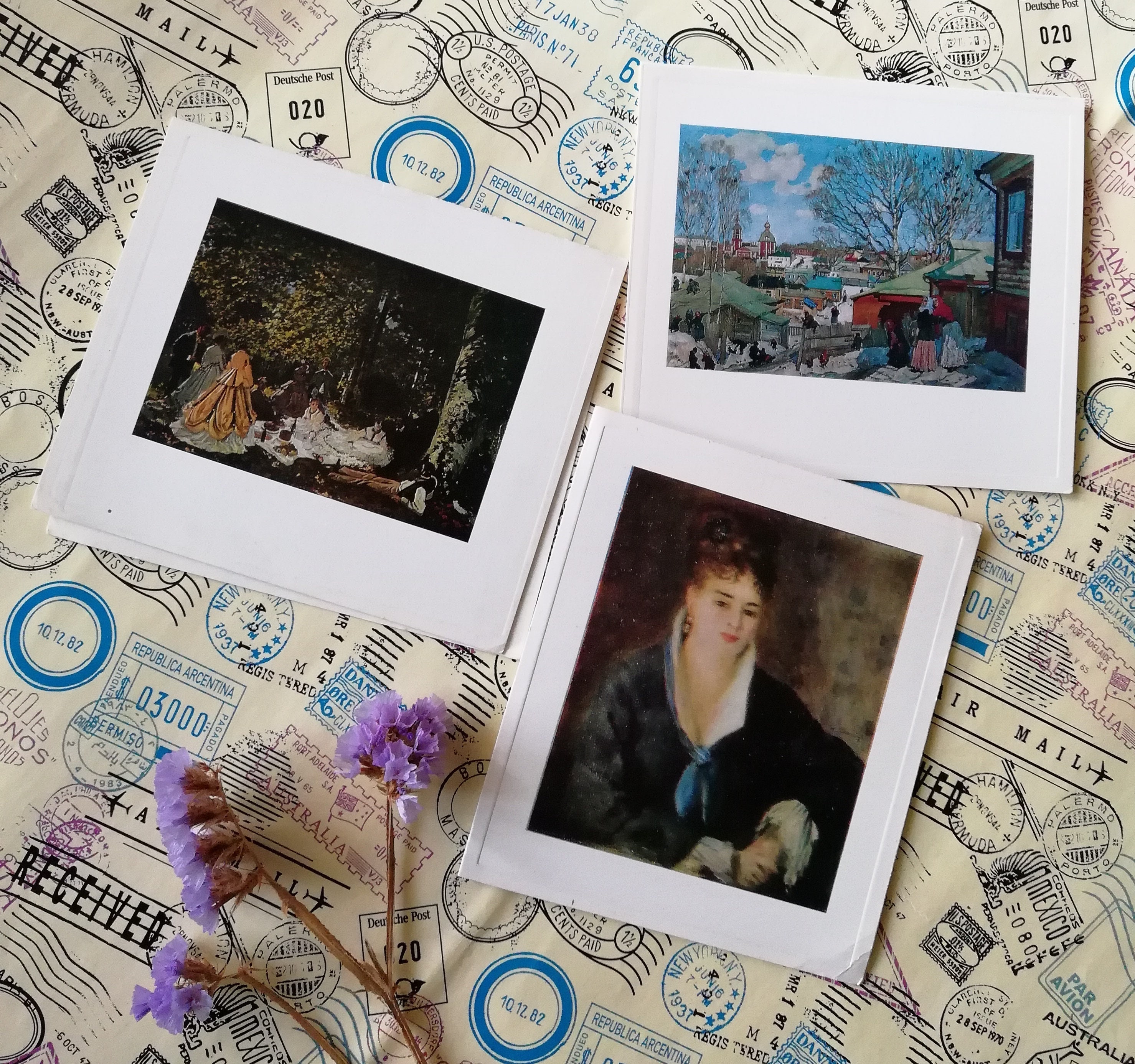 Art from Soviet Museums, Renoir, Monet, Yuon,  Set of 3 Vintage Prints, Postcards, Art Gallery, Rare Old card, Made in USSR, 1974