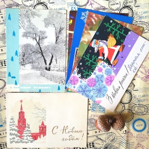 Happy New Year, Weihnachtsbaum, Rentiere, Schneeflocken - Set #22 von 6 Vintage Sowjetische Postkarten, geschrieben auf, gebraucht, Sammler Geschenk, 60-70er Jahre.