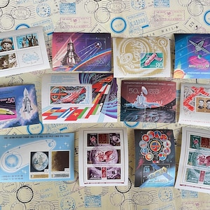 Space Stamps Set #5 - 12 Colorful USSR Mint Souvenir Sheets - Interkosmos - Buran -  Lunokhod -  Gift for Space Enthusiasts, Vintage 70s-80s