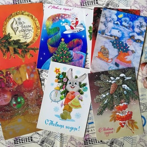 Frohes neues Jahr, Weihnachtsbaum, Schneeflocken, Weihnachtsspielzeug- Set #29 von 8 Vintage Sowjetische Postkarten, beschriftet, gebraucht, Sammler Geschenk, 1980er Jahre