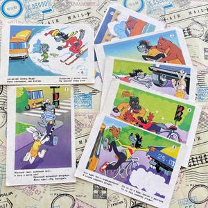 Kalendarze Vintage 1988 – Zestaw 7 kalendarzy kieszonkowych, „Nu, Pogodi!” Postacie uczące bezpieczeństwa na drodze, Kalendarze retro, Rzadkość.