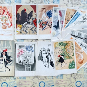 Schwarze Henne Märchen Postkarten - Set von 16 illustrierten Karten aus der UdSSR - Черtasse курица - Russische Geschichte - 1972 Vintage - Limitierte Auflage