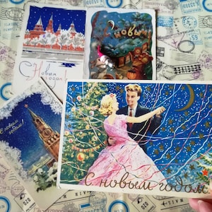 Frohes neues Jahr, Weihnachtsbaum, Rentiere, Schneeflocken - Set #16 von 4 Vintage Sowjetische Postkarten, geschrieben auf, gebraucht, Sammler Geschenk, 50-60er Jahre.