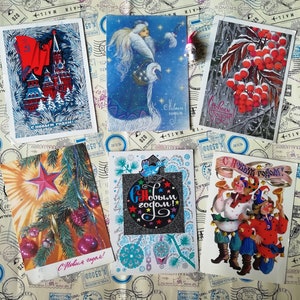 Happy New Year, Weihnachtsbaum, Schneemädchen, Schneeflocken - Set #17 von 6 Vintage Sowjetischen Postkarten, beschriftet, gebraucht, Sammler Geschenk, 70-80er Jahre.