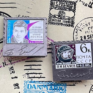 Cosmonauts Pins, Badges as Sstamps, Space badges, Belyaev, Cosmonaut Egorov, Spaceship &quot;Voskhod&quot;,  Glass Space Pins, Rare! USSR 70s