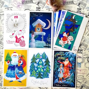 Happy New Year, Weihnachtsbaum, Rentiere, Schneeflocken - Set #21 von 10 Vintage Sowjetische Postkarten, geschrieben auf, gebraucht, Sammler Geschenk, 60-80er Jahre.