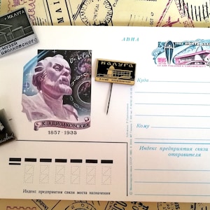 Space pins, Tsiolkovsky, Space explorer, Russian scientist, Set of 1 Postcard and 3 Rare pin badges, Space pins, Vintage pins, Kosmos, 80s.