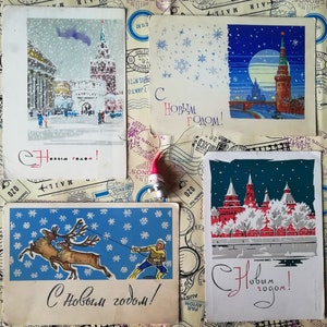 Happy New Year, Weihnachtsbaum, Rentiere, Schneeflocken - Set #15 von 4 Vintage Sowjetische Postkarten, geschrieben auf, gebraucht, Sammler Geschenk, 60er Jahre.