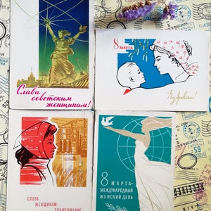 Internationaler Frauentag, 8. März, Set #5 von 4 sowjetischen Postkarten, UdSSR Kunst, Vintage Postkarte, Geschrieben auf Postkarte, Vintage Muttertag, 60er Jahre.