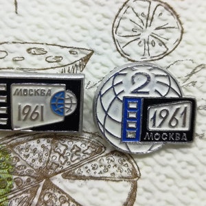Moscow Film Festival, Set of 2 Colorful Badges, Movies, Old Moscow, Collectible Pins, Collector&#39;s Gift, Rarity, Made in USSR, 1961.