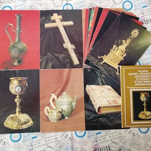 Tesouros do Museu Kiev-Pechersk, conjunto de 15 gravuras vintage, cartões postais, artefatos antigos, joias cristãs, fabricados na URSS, 1990, raro.
