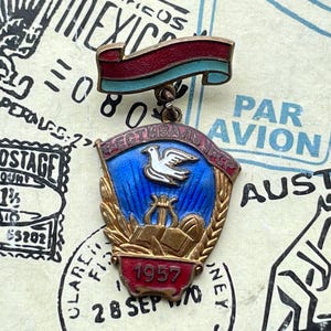 1957 USSR Festival Pin – Heavy Enamel Pin with Peace Dove Symbol, Rare Vintage Badge with Pendant Design.