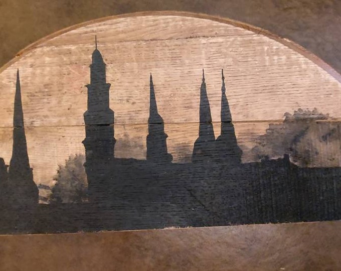 Frederick Maryland skyline, bourbon barrel painting, unique rustic decor, bar gift